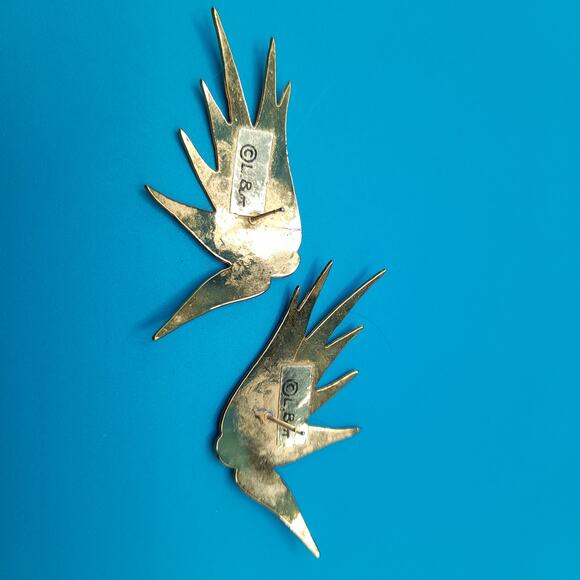 Vintage L Bott Modernist Burst Earrings, Turquoise Enamel, Gold Tone, 80s - Picture 9 of 10